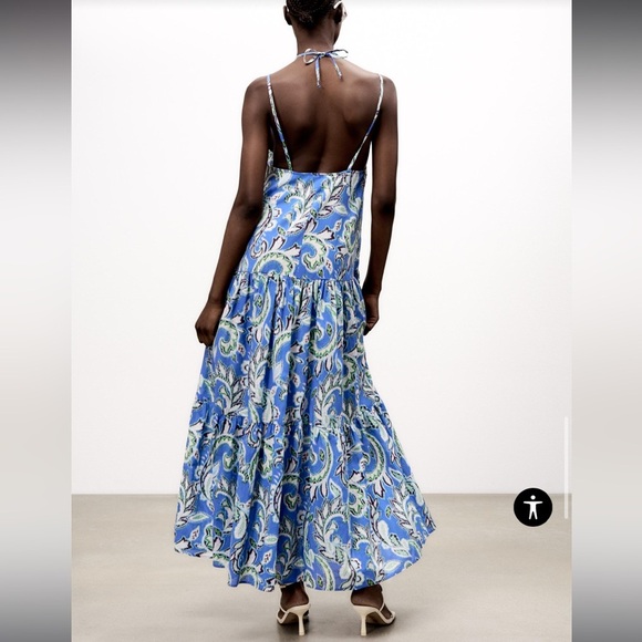 Zara printed maxi dress blue white boho formal summer  halter floral blogger fav - Picture 3 of 10